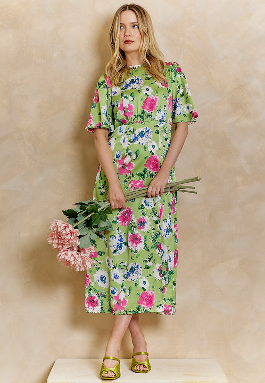 Angel Sleeves Midi Dress with Side Slit in Green Floral Print