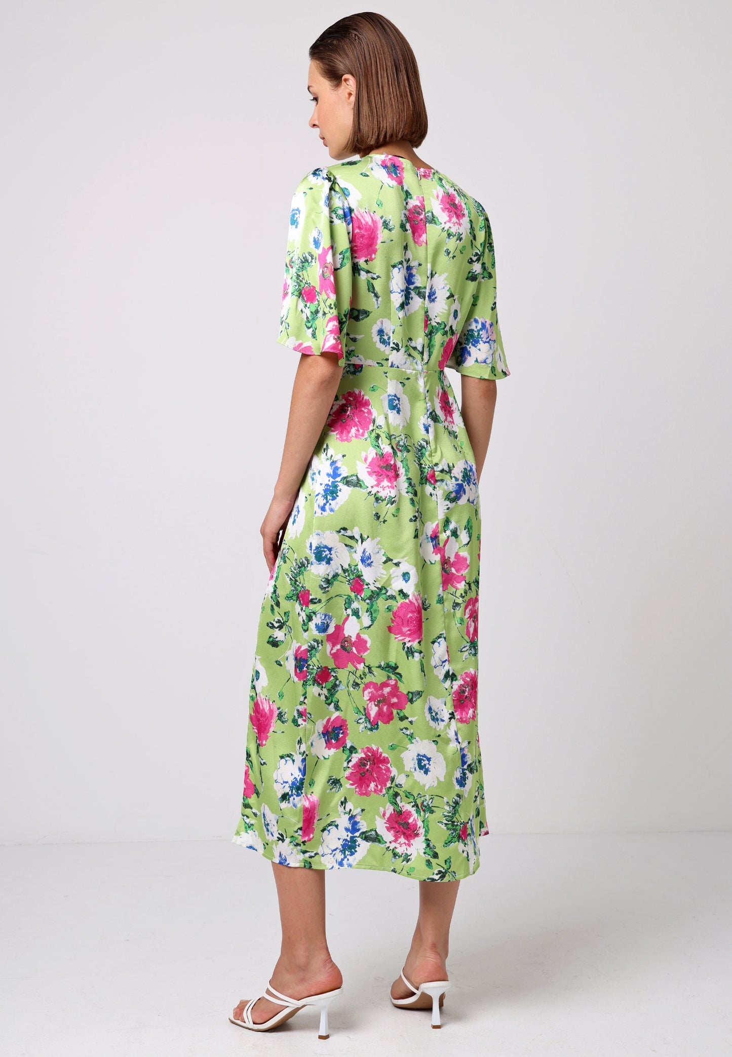 Angel Sleeves Midi Dress with Side Slit in Green Floral Print