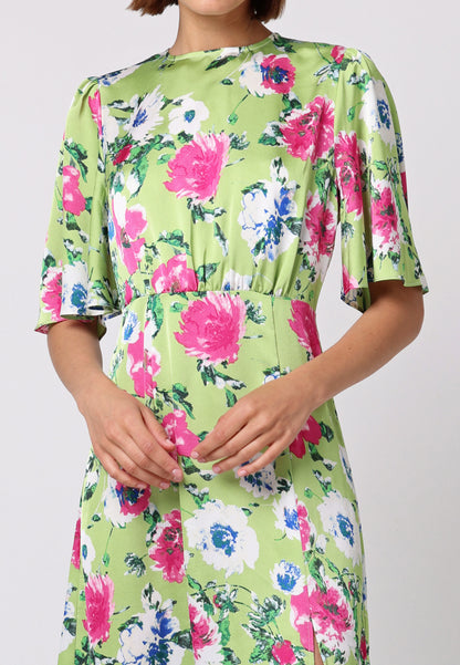 Angel Sleeves Midi Dress with Side Slit in Green Floral Print