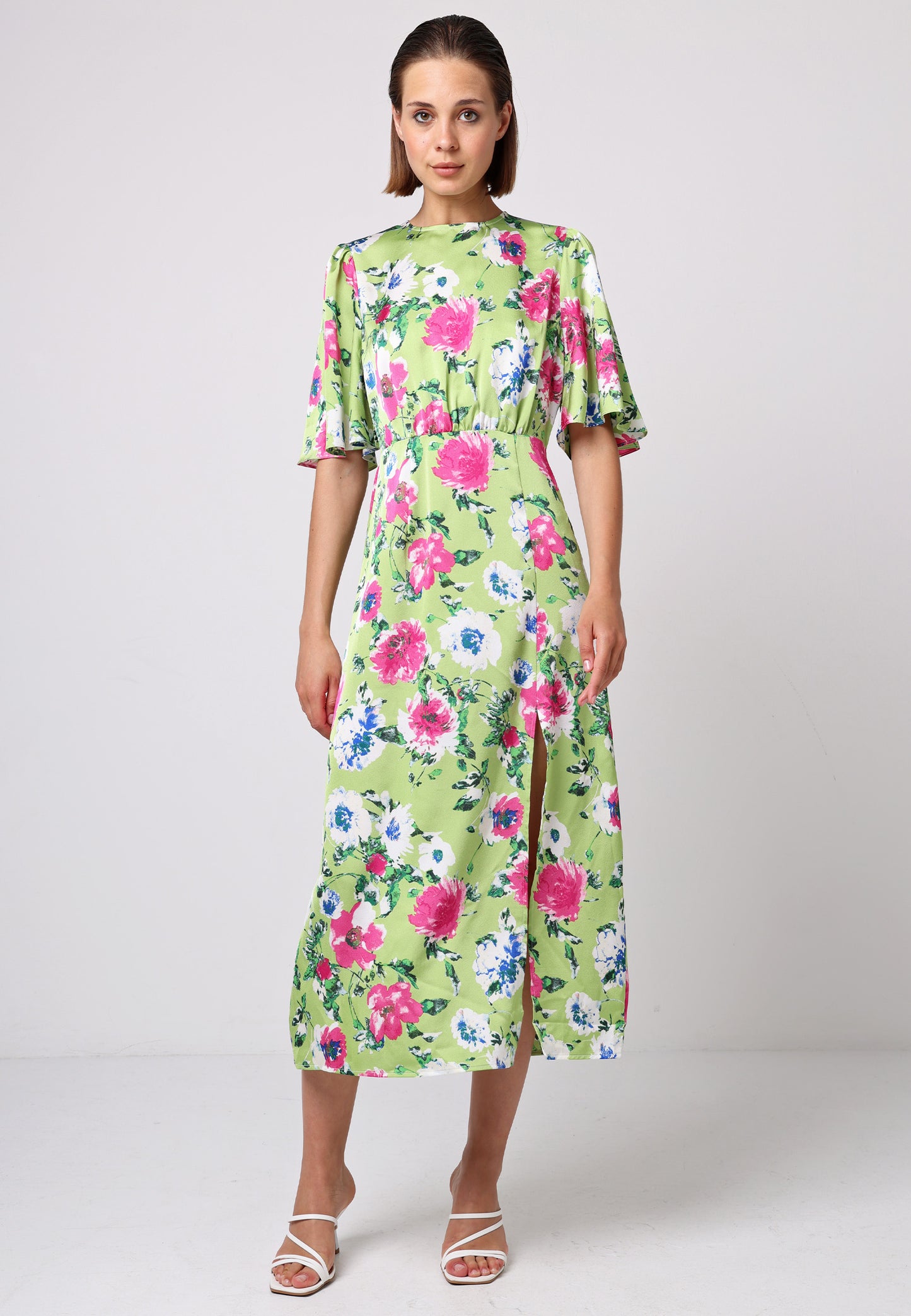 Angel Sleeves Midi Dress with Side Slit in Green Floral Print