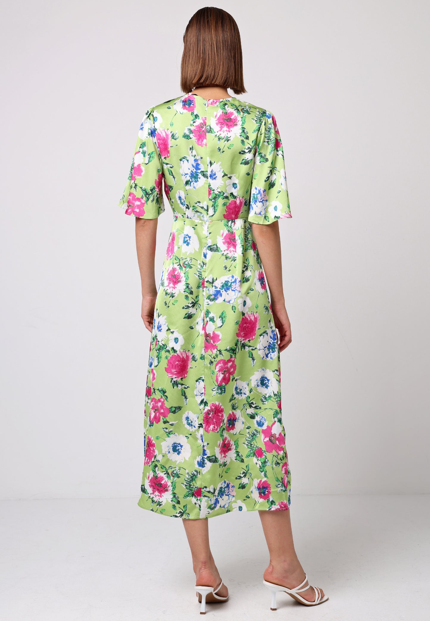 Angel Sleeves Midi Dress with Side Slit in Green Floral Print