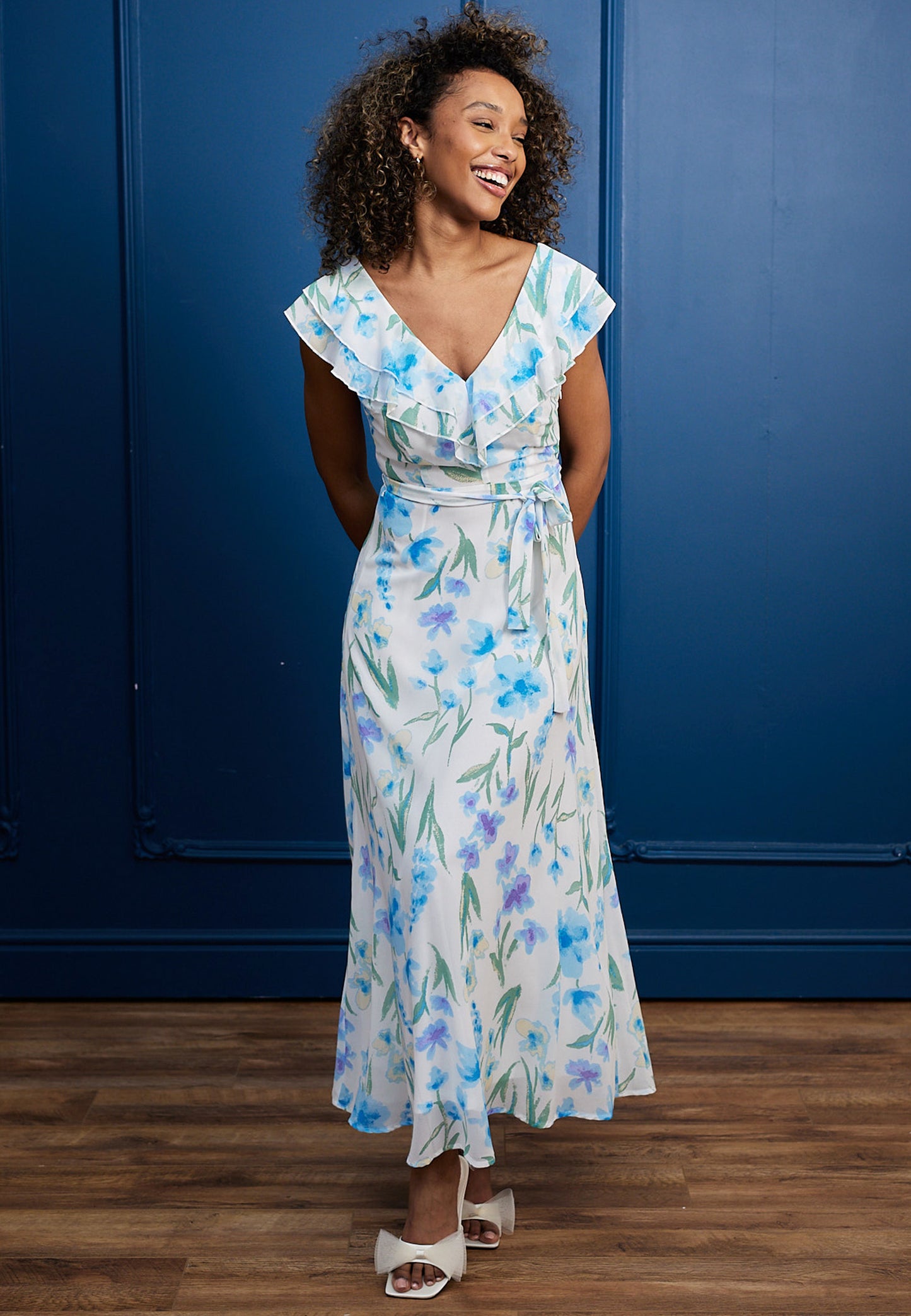 Flutter Sleeve Maxi Dress with Tie Belt in White Blue Floral