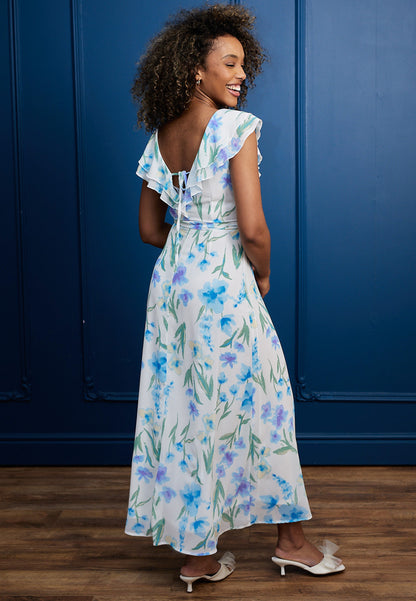 Flutter Sleeve Maxi Dress with Tie Belt in White Blue Floral