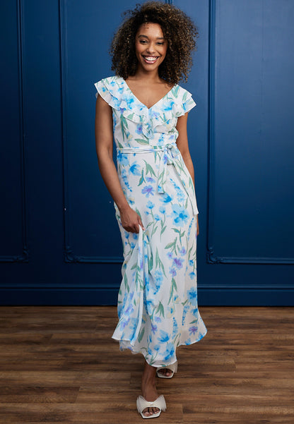 Flutter Sleeve Maxi Dress with Tie Belt in White Blue Floral