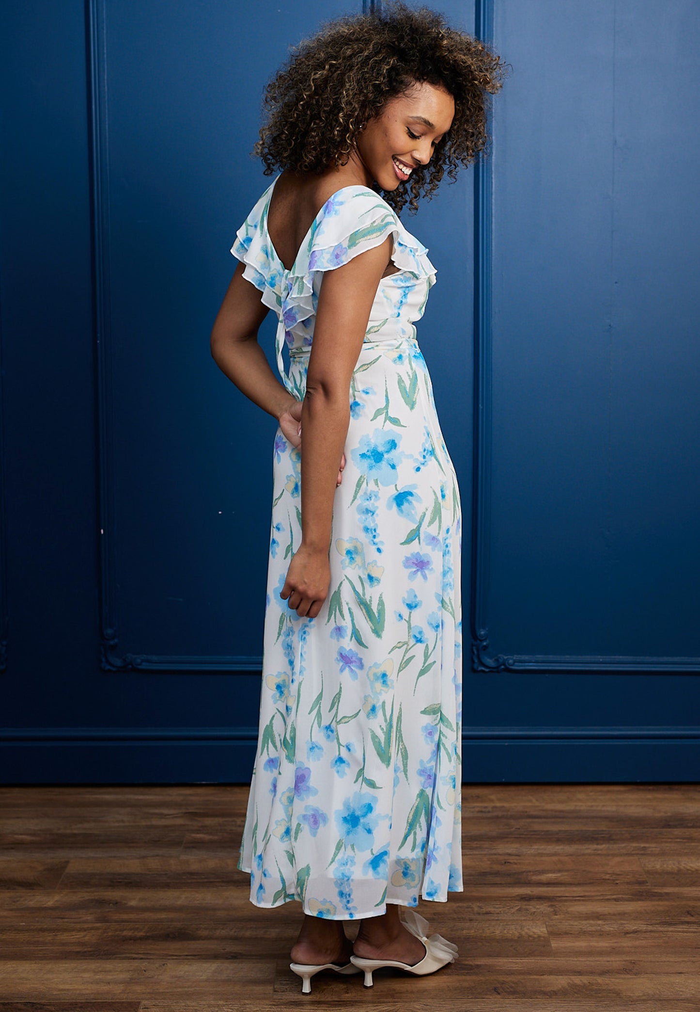 Flutter Sleeve Maxi Dress with Tie Belt in White Blue Floral