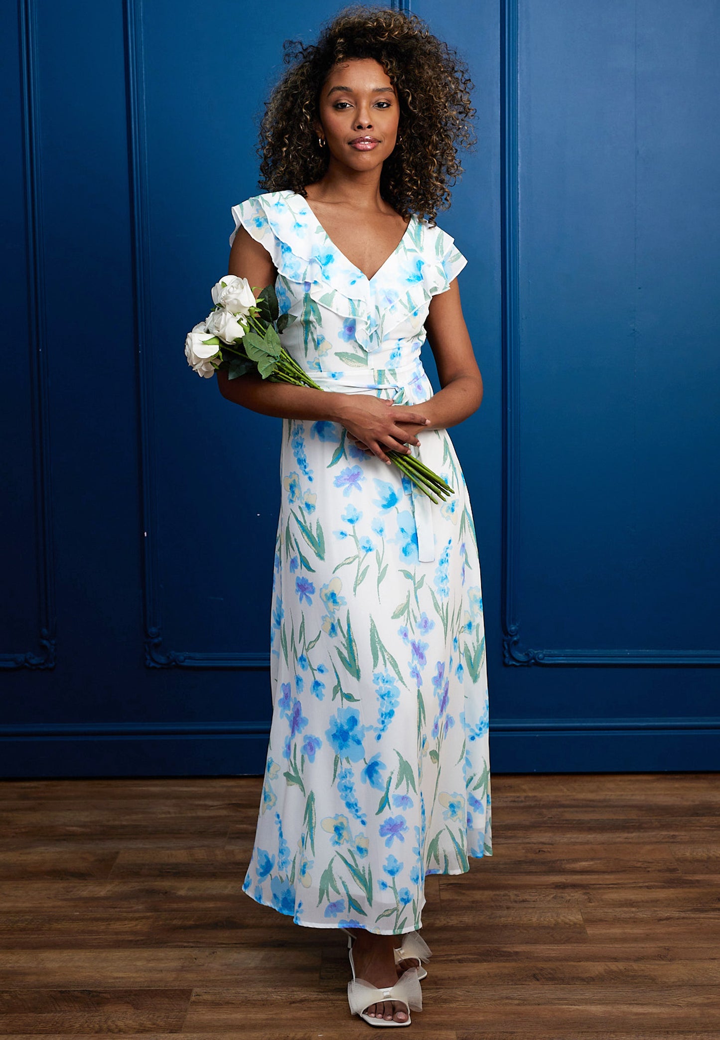 Flutter Sleeve Maxi Dress with Tie Belt in White Blue Floral