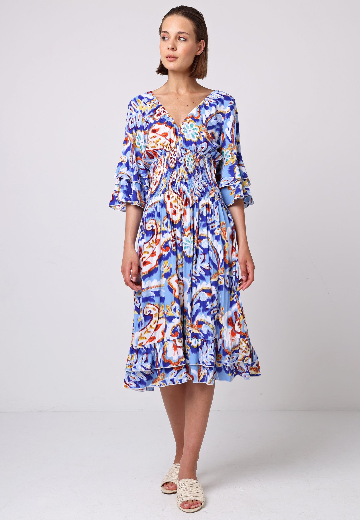 V-Neck Summer Midi Dress with Ruffle Details in Blue Boho Print