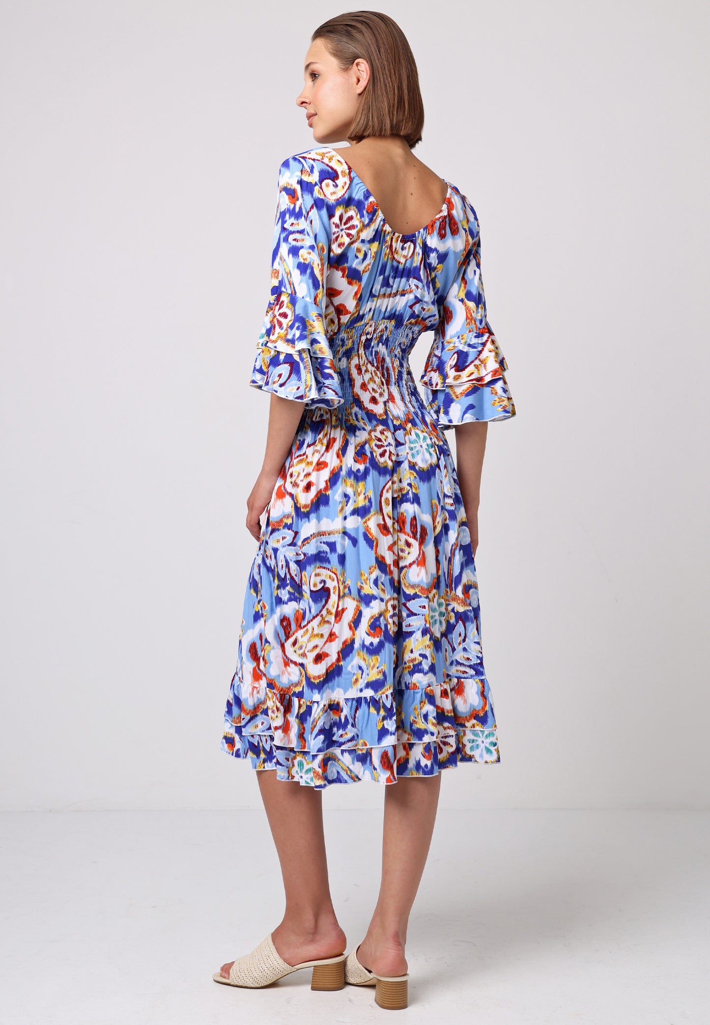 V-Neck Summer Midi Dress with Ruffle Details in Blue Boho Print