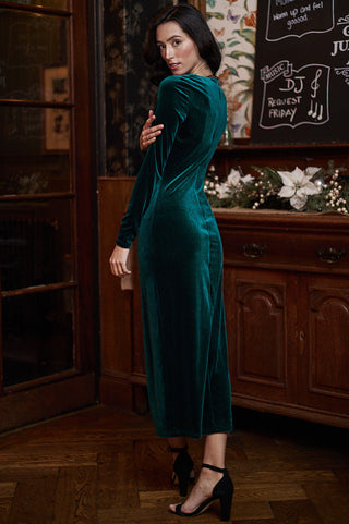 Midi Ruched Dress in Green Velvet