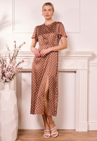 Brown Satin Polka Dot Midi Dress
