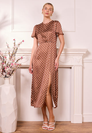 Brown Satin Polka Dot Midi Dress