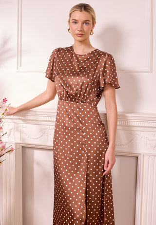 Brown Satin Polka Dot Midi Dress