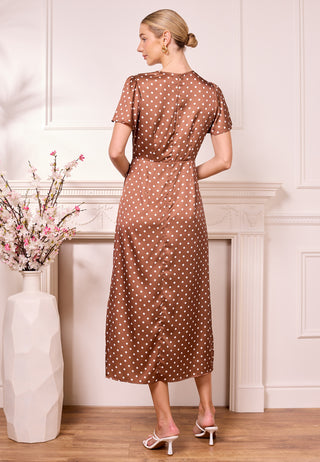 Brown Satin Polka Dot Midi Dress