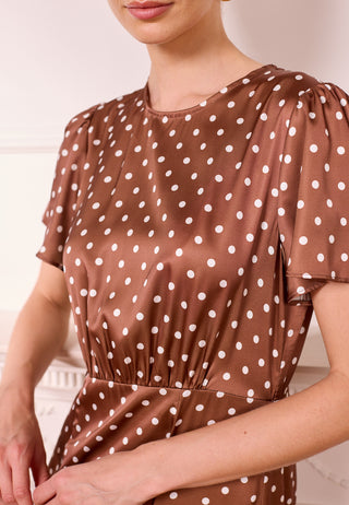 Brown Satin Polka Dot Midi Dress