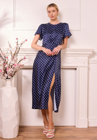 Navy Satin Polka Dot Midi Dress