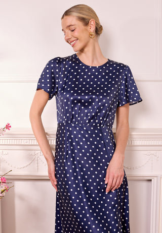 Navy Satin Polka Dot Midi Dress