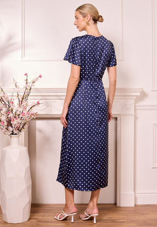Navy Satin Polka Dot Midi Dress