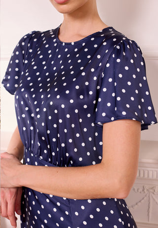 Navy Satin Polka Dot Midi Dress