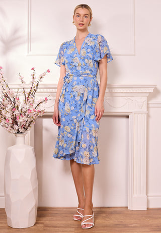 Light Blue Faux Wrap Floral Midi Dress Light Blue Faux Wrap Floral Midi Dress