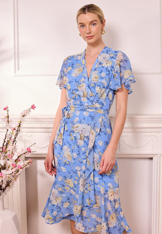 Light Blue Faux Wrap Floral Midi Dress