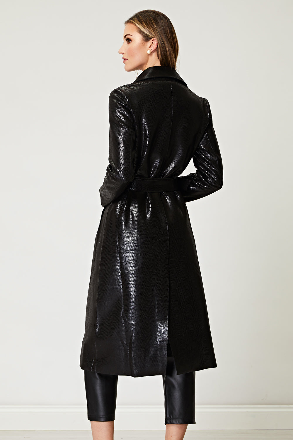 PU Snake Skin Textured Trench Coat in Black