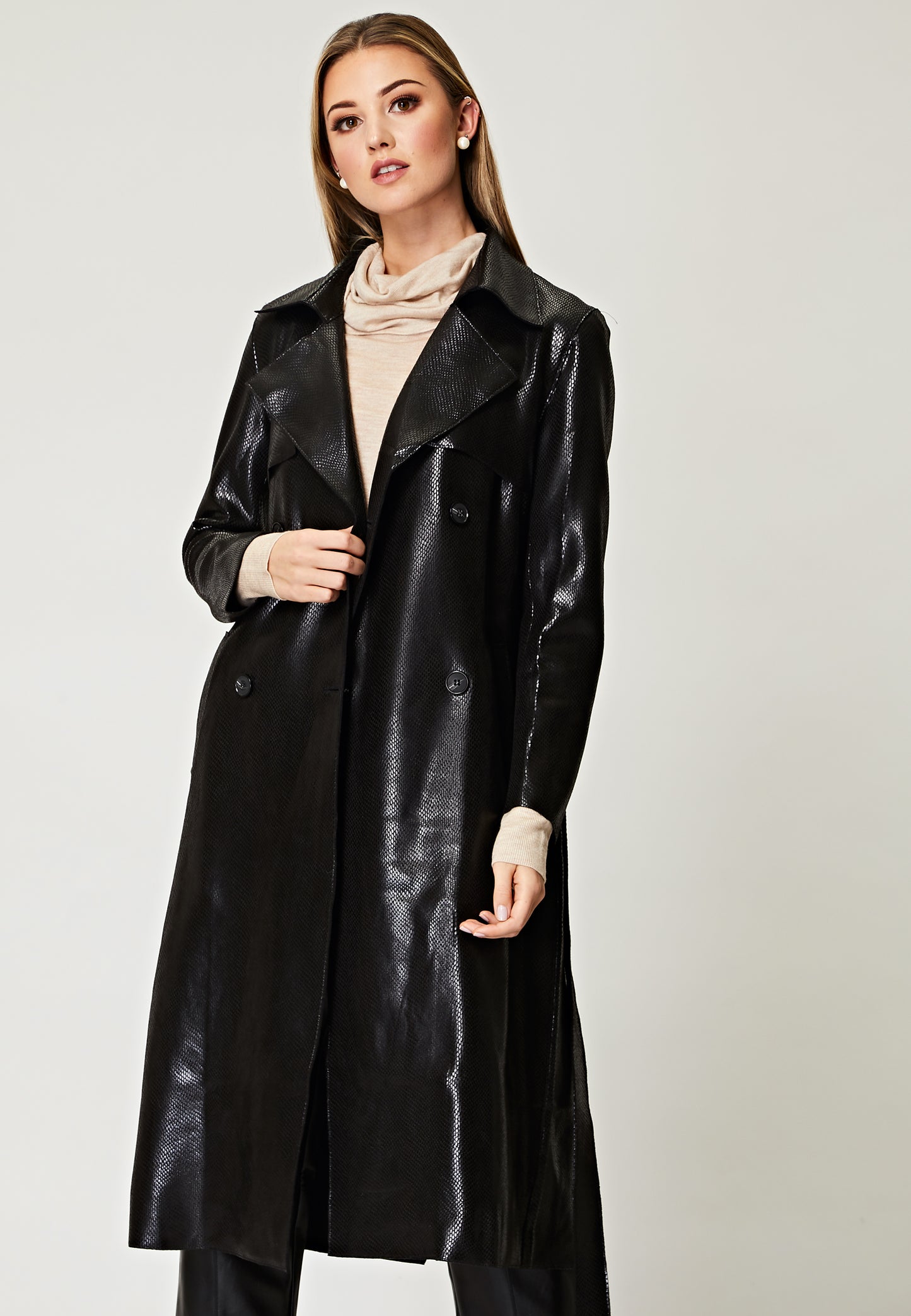 PU Snake Skin Textured Trench Coat in Black