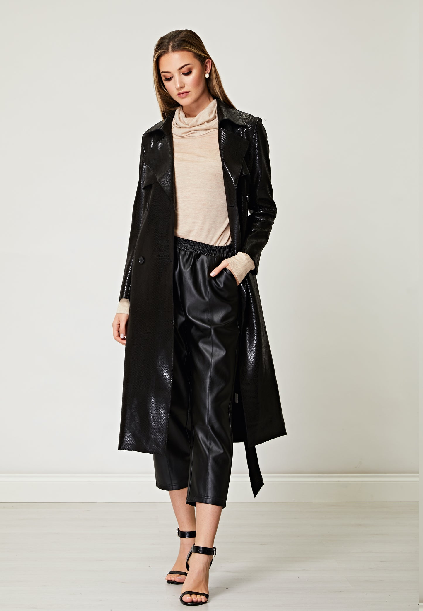 PU Snake Skin Textured Trench Coat in Black