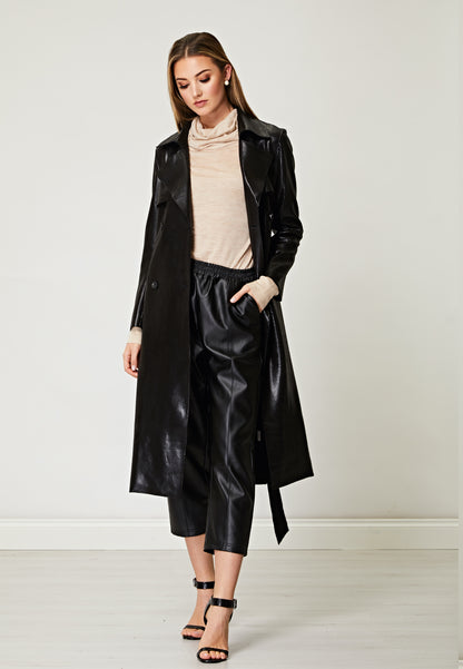 PU Snake Skin Textured Trench Coat in Black - ANGELEYE