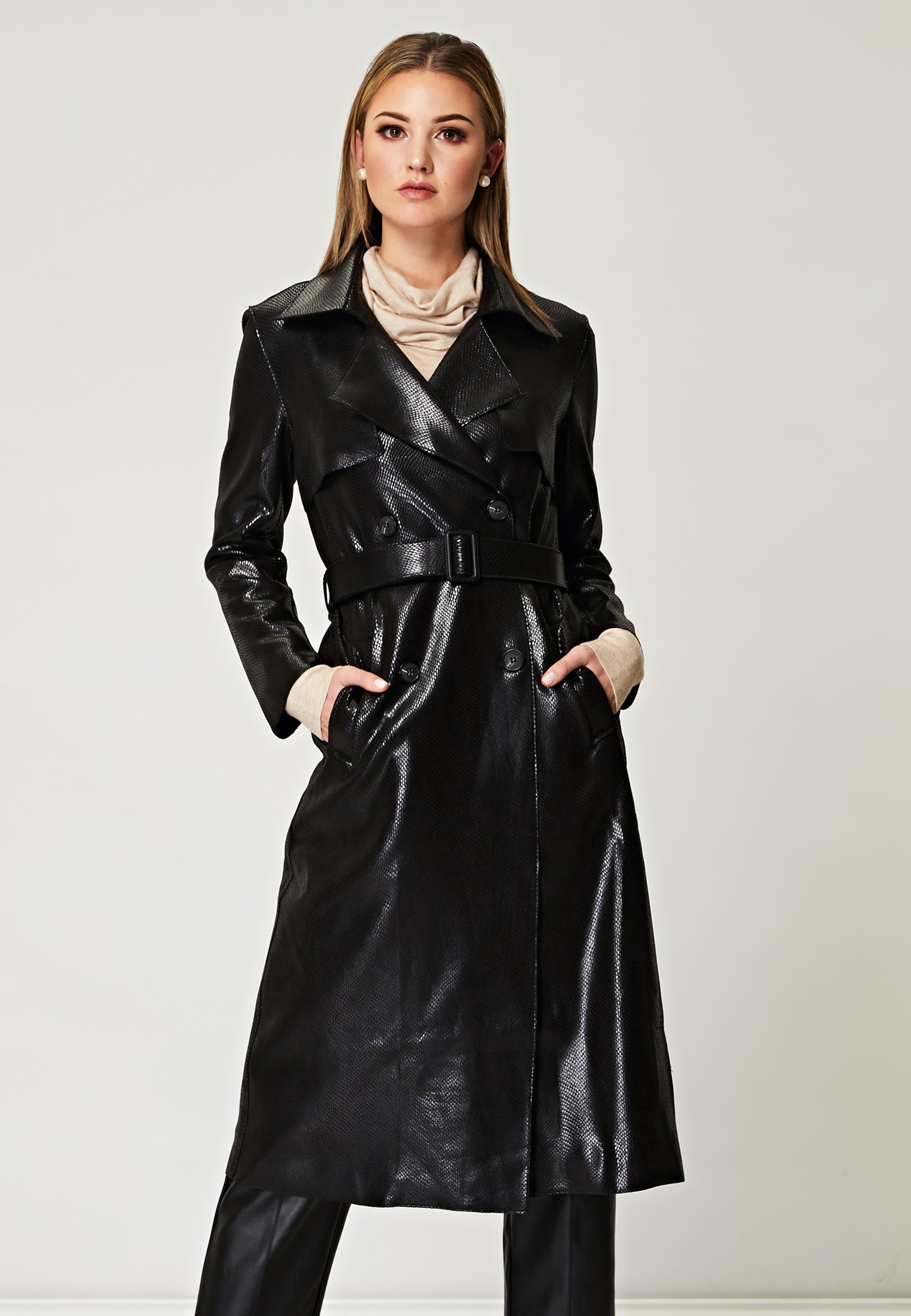 PU Snake Skin Textured Trench Coat in Black