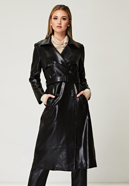 PU Snake Skin Textured Trench Coat in Black - ANGELEYE