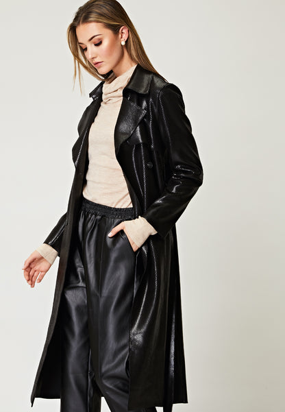 PU Snake Skin Textured Trench Coat in Black - ANGELEYE