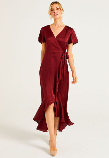 Satin Wrap Maxi Dress With Ruffled Hem In Burgundy