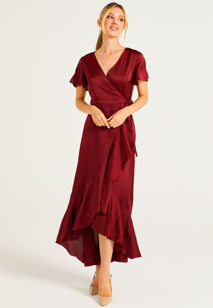 Satin Wrap Maxi Dress With Ruffled Hem In Burgundy