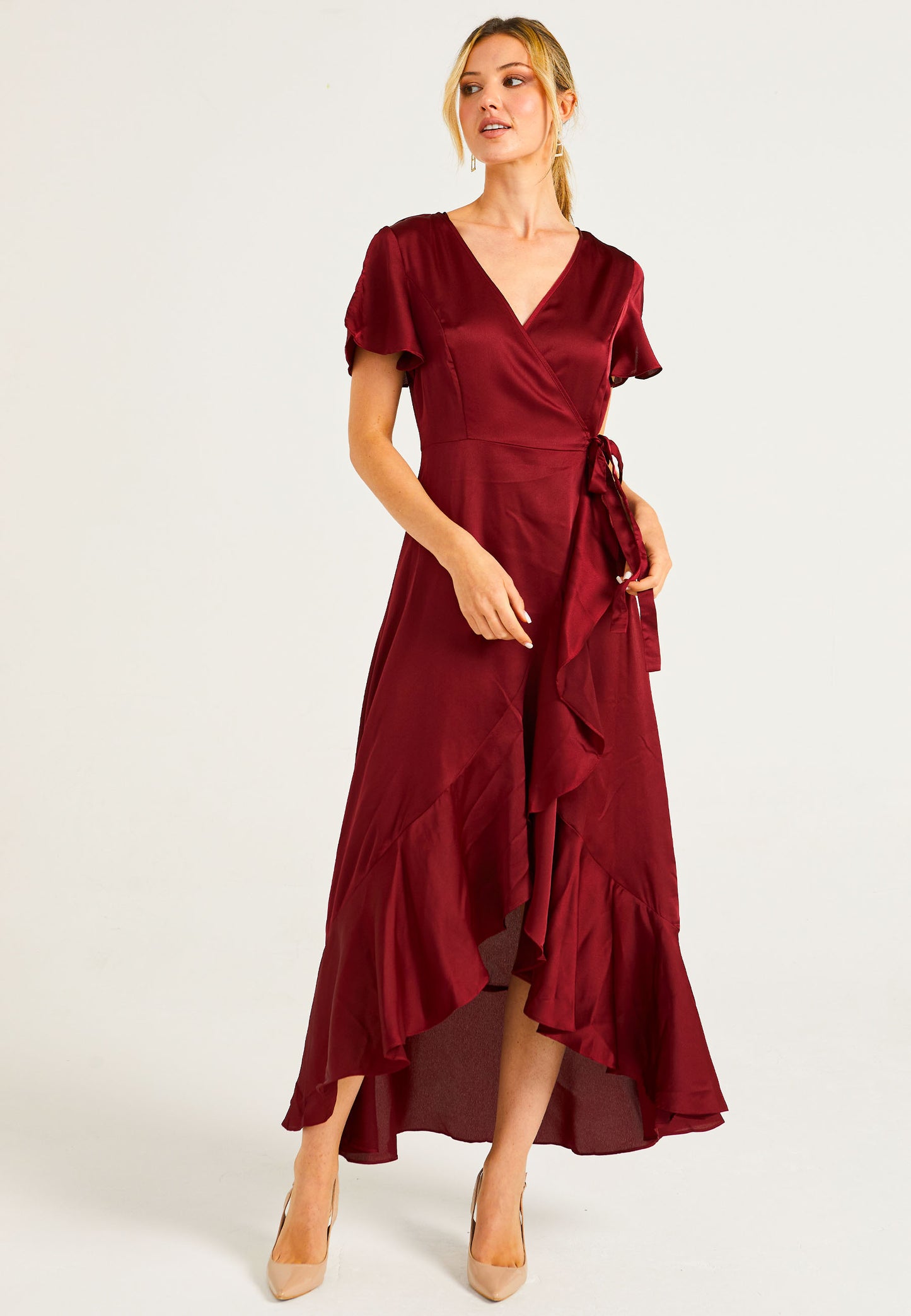 Satin Wrap Maxi Dress With Ruffled Hem In Burgundy