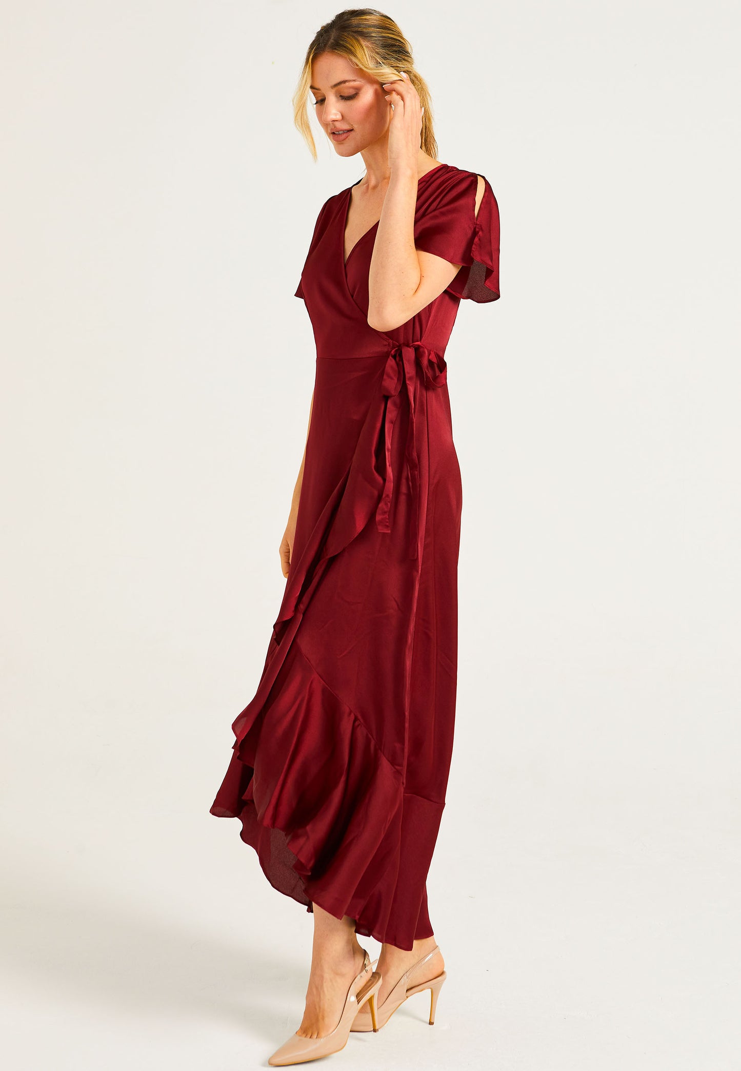 Satin Wrap Maxi Dress With Ruffled Hem In Burgundy