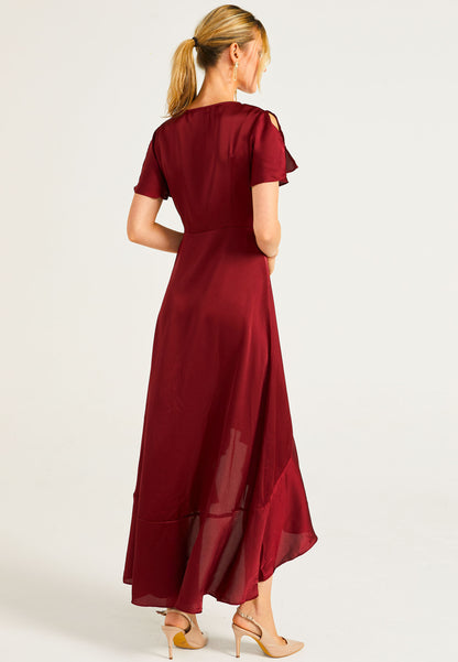 Satin Wrap Maxi Dress With Ruffled Hem In Burgundy