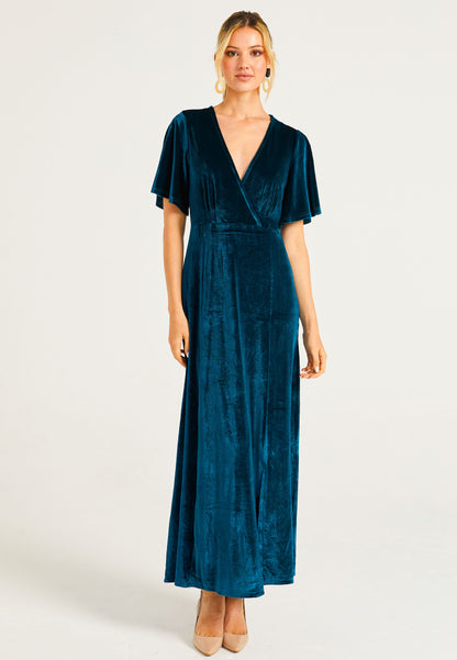 Velvet Flutter Sleeve Faux Wrap Dress With Slit in Teal - ANGELEYE