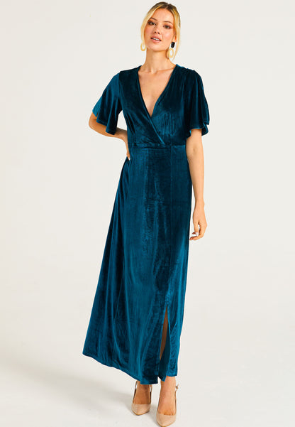 Velvet Flutter Sleeve Faux Wrap Dress With Slit in Teal - ANGELEYE