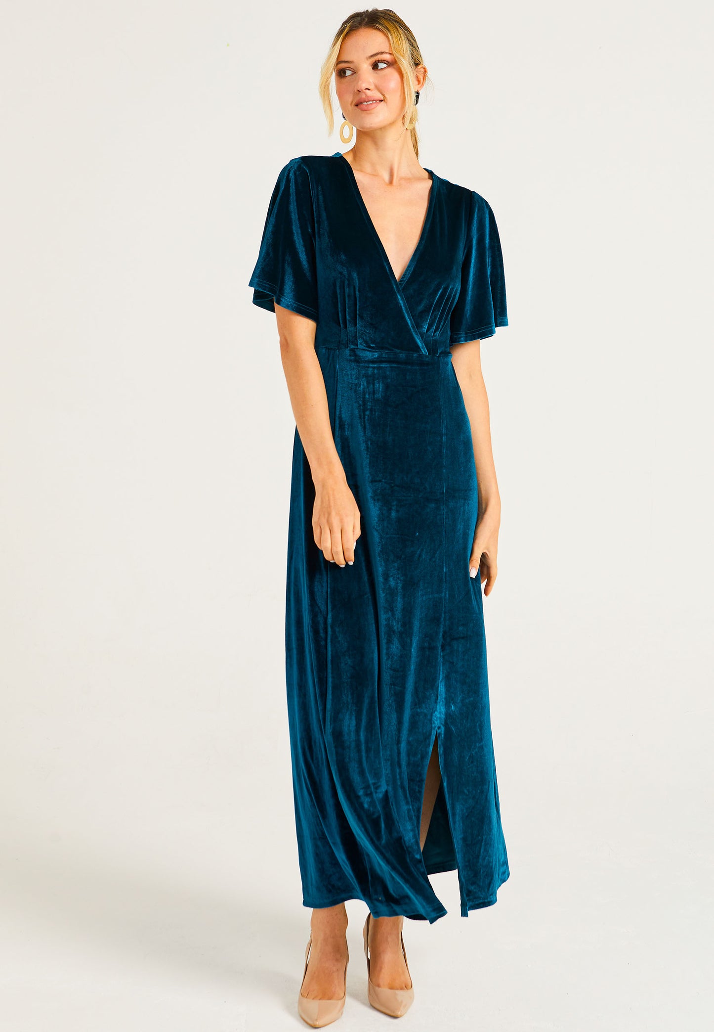 Velvet Flutter Sleeve Faux Wrap Dress With Slit in Teal - ANGELEYE