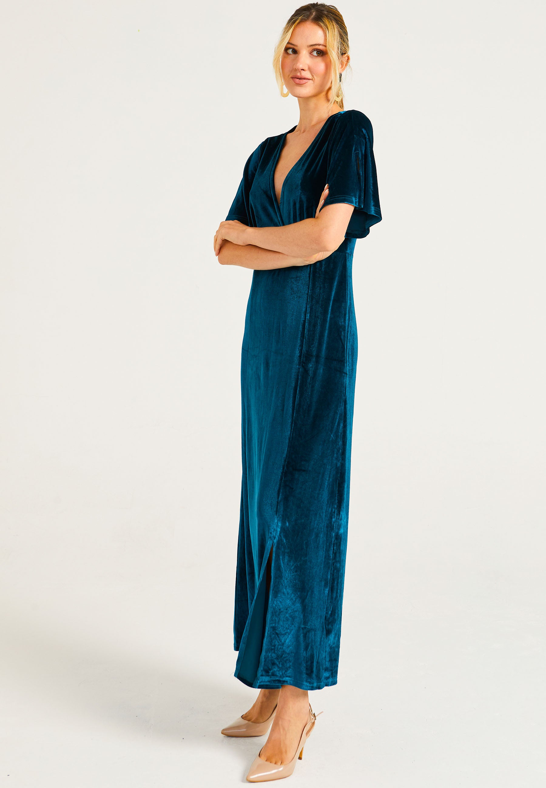 Velvet Flutter Sleeve Faux Wrap Dress With Slit in Teal - ANGELEYE