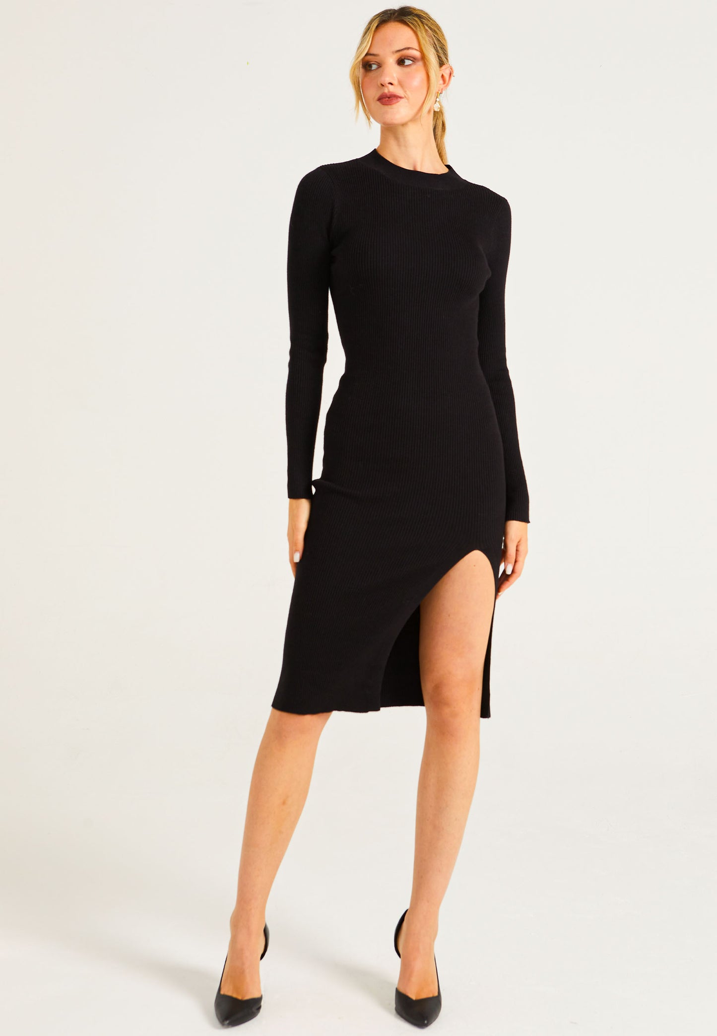 Mock Neck Bodycon Ribbed Knit Dress with Side Slit