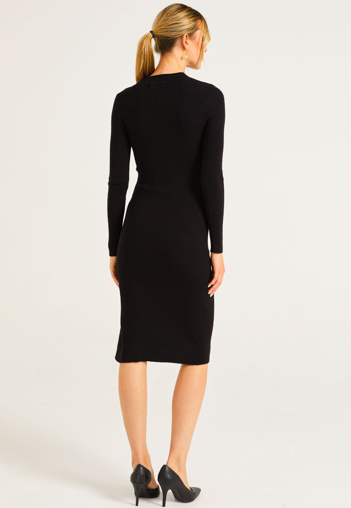 Mock Neck Bodycon Ribbed Knit Dress with Side Slit