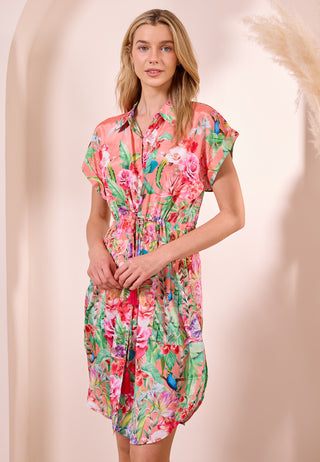 Midi Shirt Dress in Peach with a Premium Floral Print