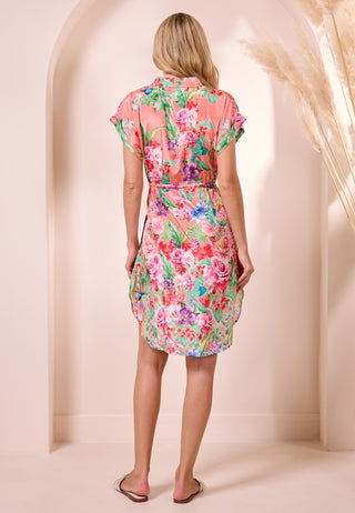 Midi Shirt Dress in Peach with a Premium Floral Print
