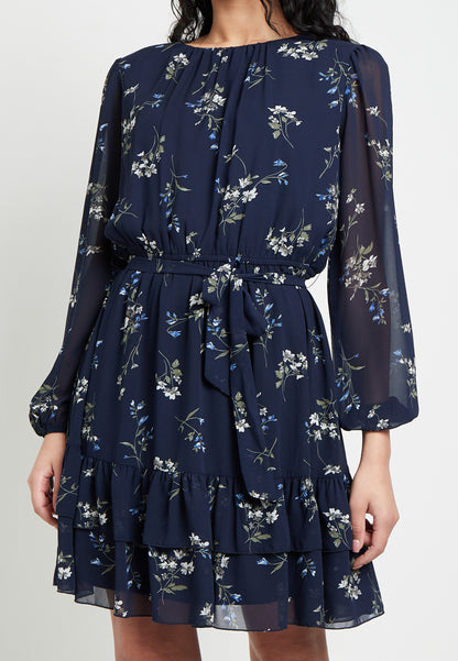 Floral Mini Dress With Ruffled Hem & Elasticated Waist In Navy - ANGELEYE