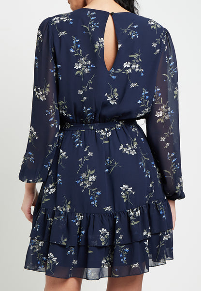 Floral Mini Dress With Ruffled Hem & Elasticated Waist In Navy - ANGELEYE