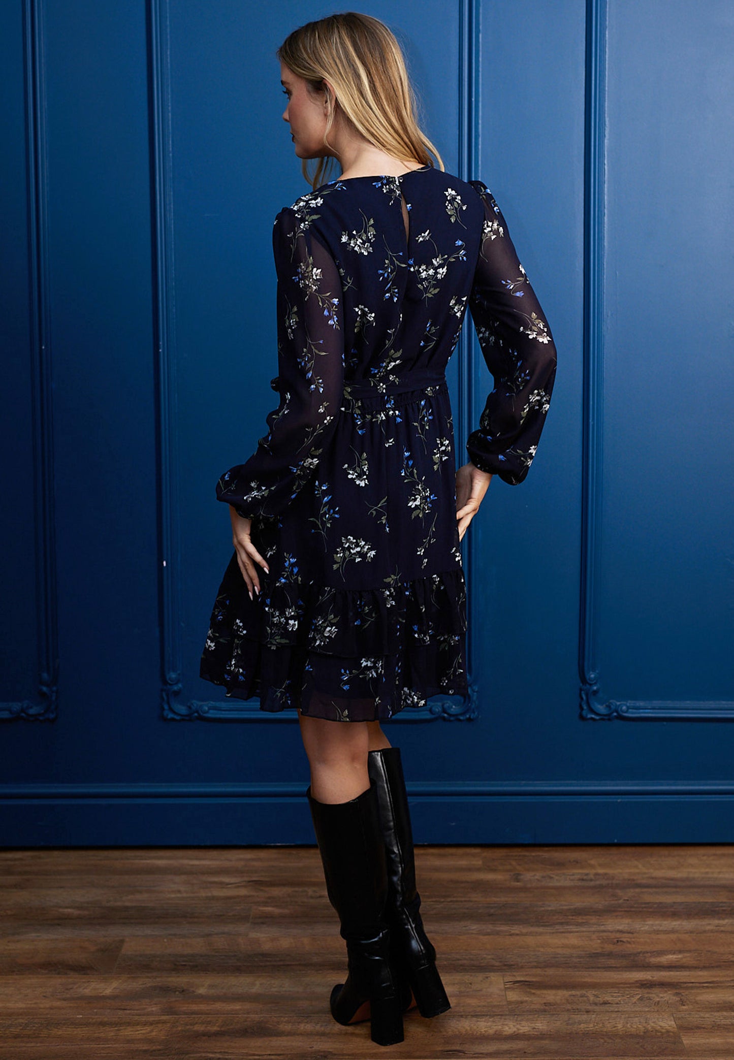 Floral Mini Dress With Ruffled Hem & Elasticated Waist In Navy