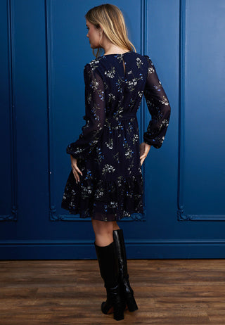 Floral Mini Dress With Ruffled Hem & Elasticated Waist In Navy - ANGELEYE