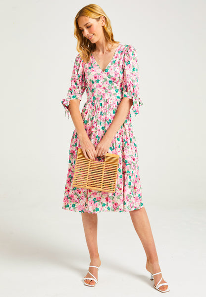 Tiered Floral Midi Dress in Pink - ANGELEYE