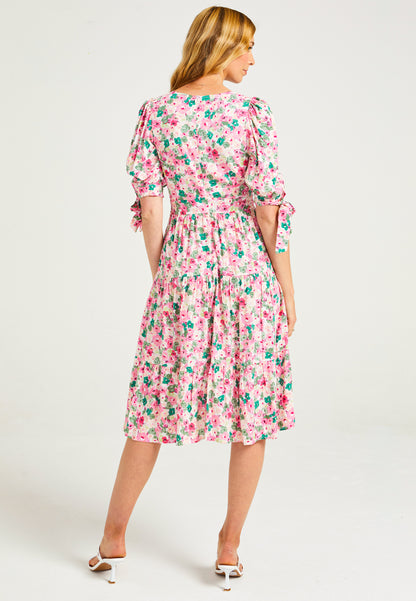 Tiered Floral Midi Dress in Pink - ANGELEYE